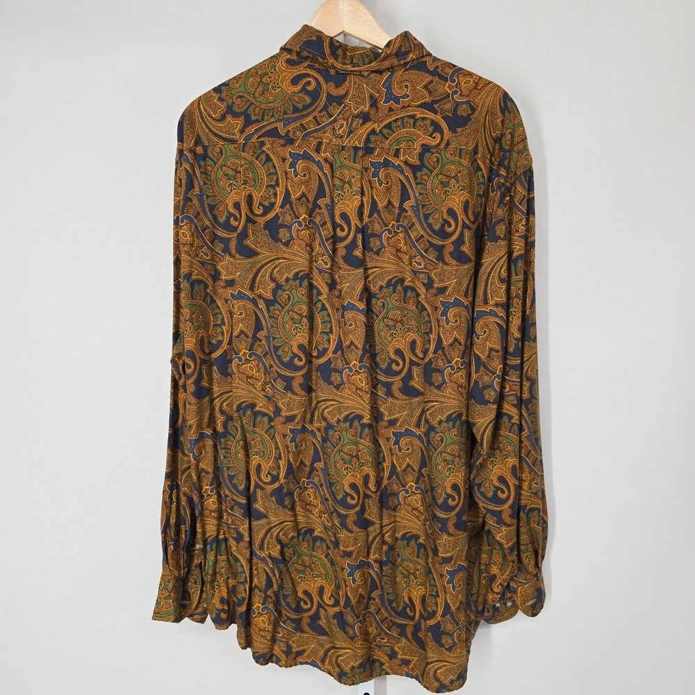Tommy Hilfiger Mens Large Paisley Button Down Shirt Gold Blue Rayon Wool Blend - Picture 4 of 7